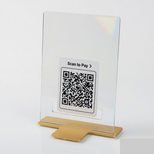 Clear A5 acrylic T-stand with a gold base holding a Scan to Pay QR card
