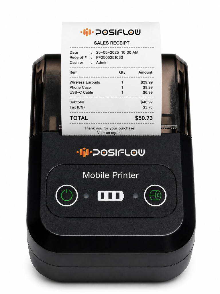 Black portable Bluetooth thermal receipt printer with a printed sales slip