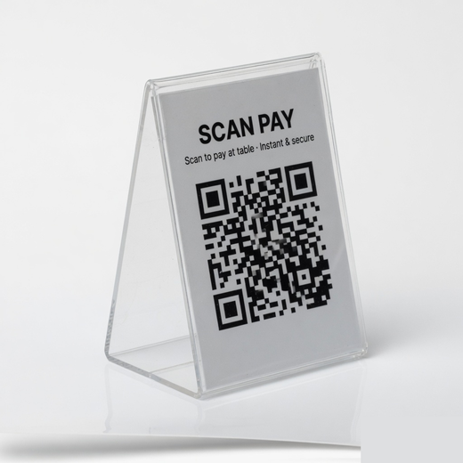 Clear acrylic table tent holding a SCAN PAY UPI QR card