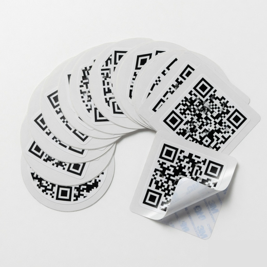 Fan of round and square matte vinyl QR stickers with one corner peeled