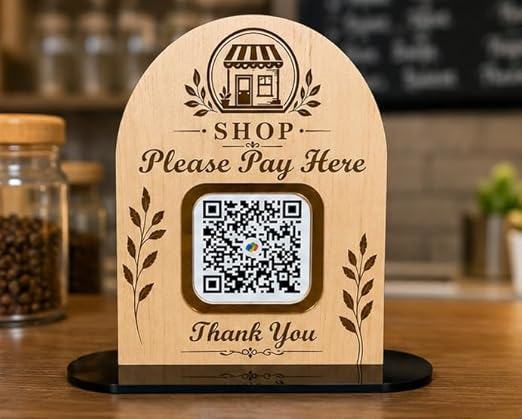 Light wooden arched stand holding a printed UPI QR payment card