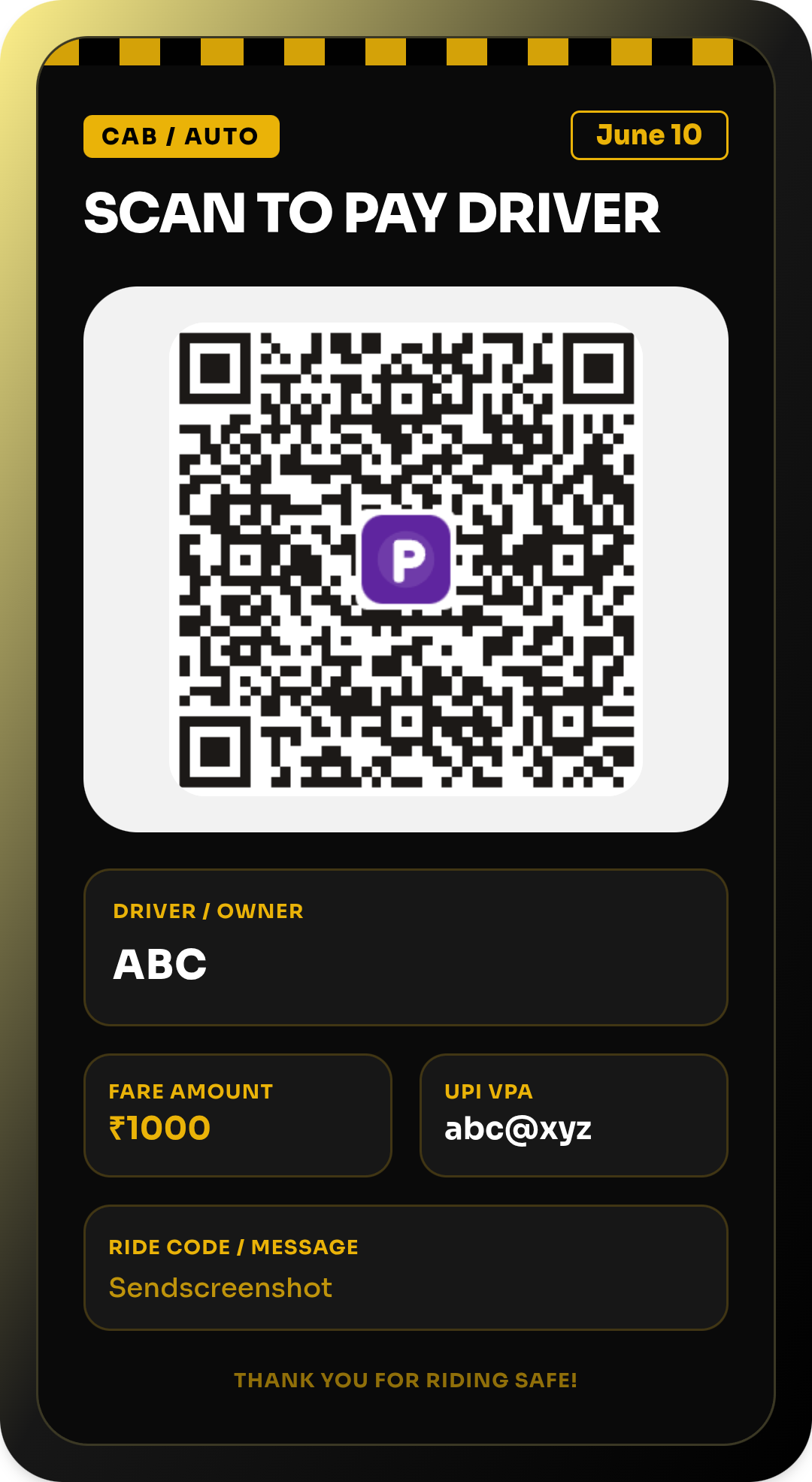 Cab / Taxi Dashboard Card